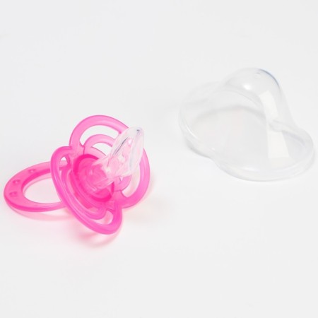 Orthodontic dummy nipple, silicone, from 6 months, with a cap, “bow”, pink color-1