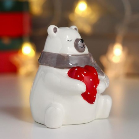 Souvenir ceramics "White bear, gray scarf, red heart in peas" 9x6.5x8.5 cm-2