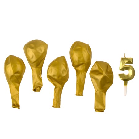 Set of candle in cake + 5 balls, number 5, gold-2