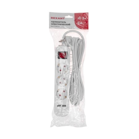 Extension cord Standard 3 Nests, 3m, 3x1.0mm², C/Z, with a switch, 2 USB, white Rexant-6