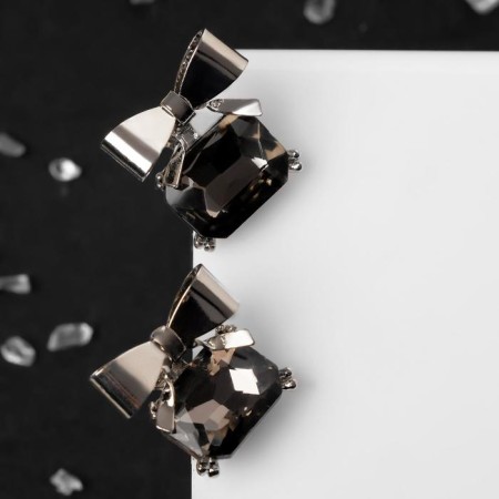 Earrings with rhinestones "bow" with a rectangle, gray color in silver-1