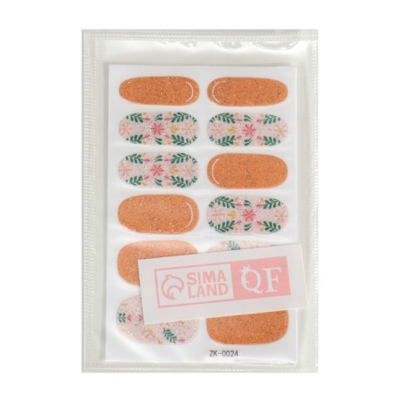Lacquer strips for manicure set 12pcs B194 Flowers with sparkles of orange/silver nakl QF-3