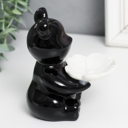 Souvenir ceramics stand "Bear with white flower" black 7x9x10.5 cm-2