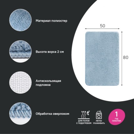 Bathroom rug IDDIS, 50x80 cm, microfiber, blue color-1