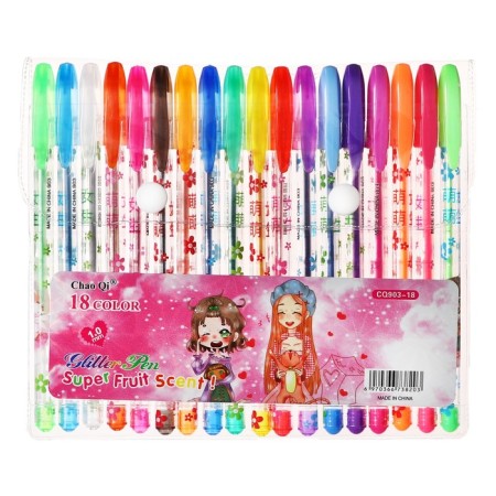 A set of gel pens, 18 colors, metallic, a body with a pattern, in a blister on a button-11