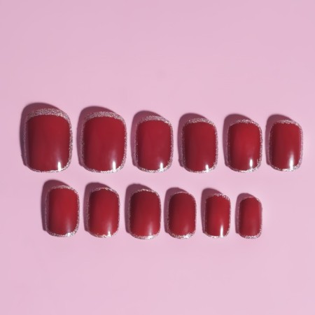 Wine overhead nails, 12 pcs, with adhesive plates, soft square shape, burgundy/silver color-7