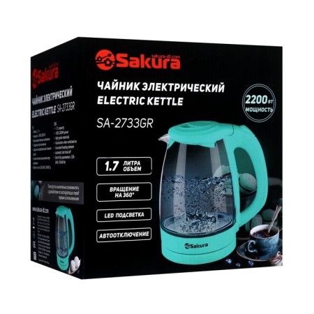 Electric kettle Sakura SA-2733GR, glass, 1.7 l, 2200 watts, green-9