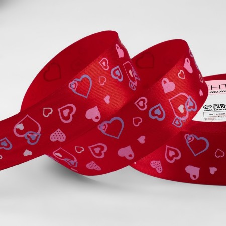 Satin ribbon "Hearts", 25 mm × 23 ± 1 m, color red No. 026