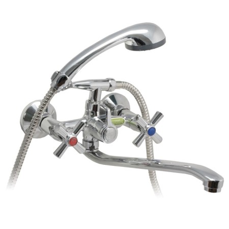 Bath-Dusheva mixer two-handed Juguni JGN0141/B with metal and chrome. Loice and flywheels, crane-bugs ceramics, S-range