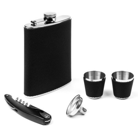 Gift set 5 in 1: Flaw 240 ml, funnel, corkscrew, 2 glasses, black, 17 x 23 cm