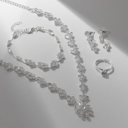 Set 4 objects: earrings, necklaces, bracelet, "Izle" ring flower, white color in silver