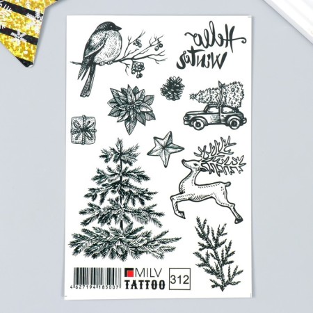 Tattoo on the body "Black and white New Year's pictures" 10x15 cm