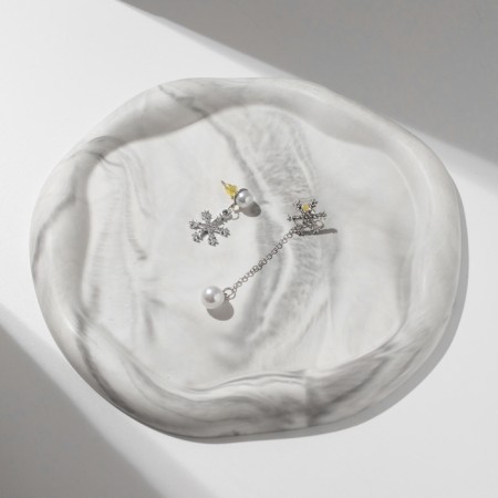 Earrings with pearls "snowflakes", asymmetry, white color in silver-4