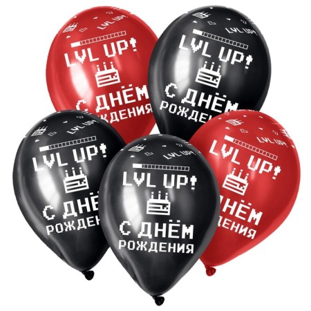 Latex ball 12 "Happy Birthday to Gamer 2", pastel, set 5pcs., Black, red color-1