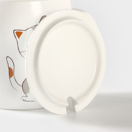 Ceramic mug with a lid and a spoon "Kitty", 350 ml, white color-2