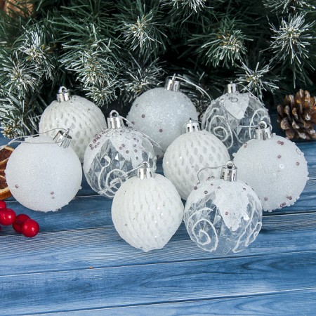 Set of balls plastic D-6 cm, 9 pcs "snow frost" white