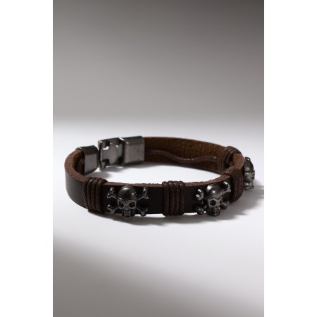 Bracelet Skin Skull is large, with bones, dark brown color with black silver, 8 cm-2
