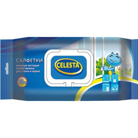 Wet napkins Celesta for glasses and mirrors, with a valve, 80 pcs.
