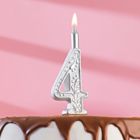 Candle for the cake the number "Silver Pattern", 10.2 cm, number "4"