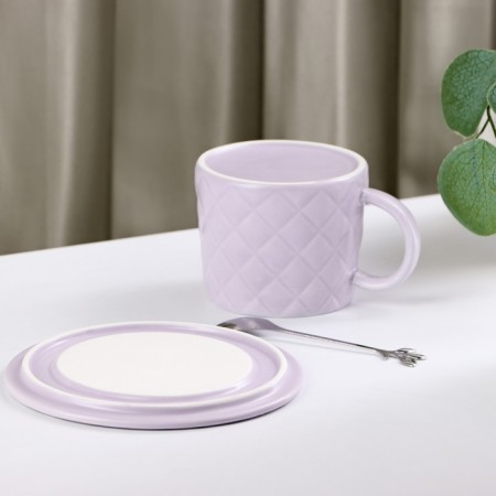 Tea couple ceramic with a spoon "Bow", 2 items: mug 350 ml, saucer d = 15 cm, lilac color-3