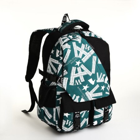 School backpack from textiles with lightning, external pocket, green color-2