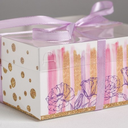 Capcake box, confectionery packaging, 4 cells "Flower Patterns", 16 x 16 x 7.5 cm-2