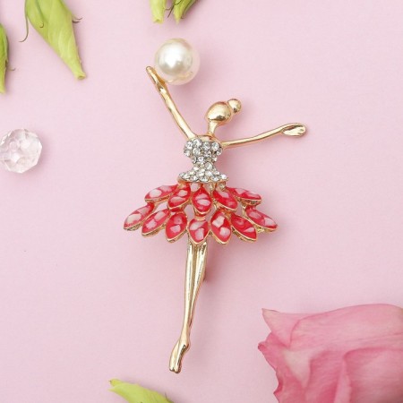 Brooch "Gymnast in a pack", red-white color in gold-1