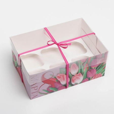 Capcake box, confectionery packaging with PVC lid, 6 cells "Tulips", March 8, 23 x 16 x 10 cm-2
