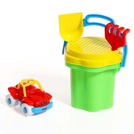 Set for playing in sand No. 106: bucket 0.3 l, sieve, scoop, rake, machine "Bublik"-7