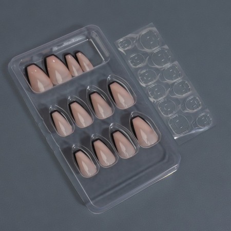 Franch overhead nails, 12 pcs, with adhesive plates, ballerina shape, beige color/black-1