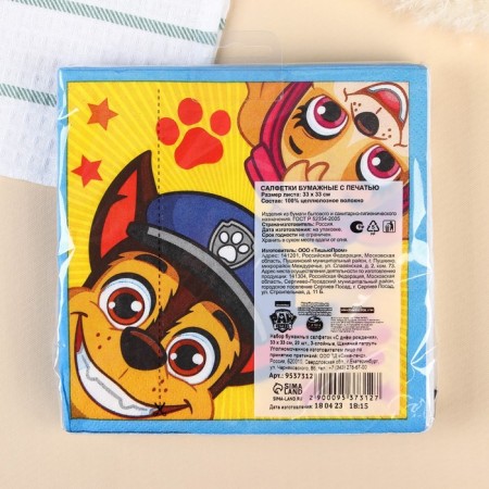 Paper Napkins "Sky and Gonchik", 33x33 cm, 20 pieces, 3 strata, puppy patrol-8