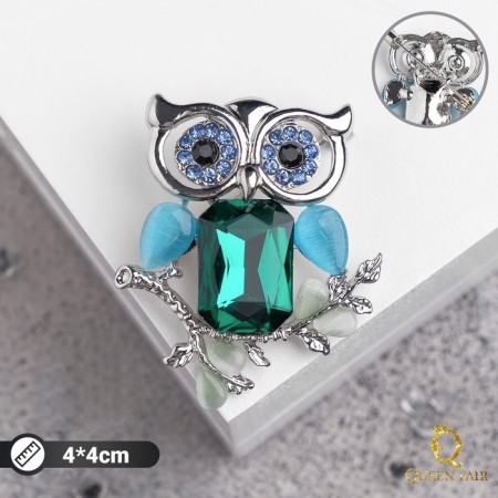 Brooch "Night Owl", the color is blue-green in silver