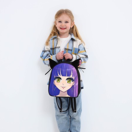 School textile backpack with ears on the hairpins "Anime", 27x23 cm, black/purple-18