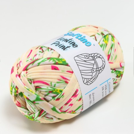 Knitted yarn 95% cotton, 5% Elastan "Lentino Print" 100 g 30 m pink on beige-1