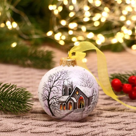 Christmas ball D-7 cm "House in the snow" manual painting, white
