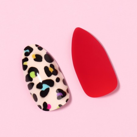 Leo patch nails, 12 pcs, with glue plates, almonds, red, beige-2