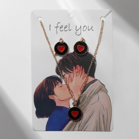 Headset 2 items: earrings, pendant "heart" Dream, red-black color in gold, 42 cm-2