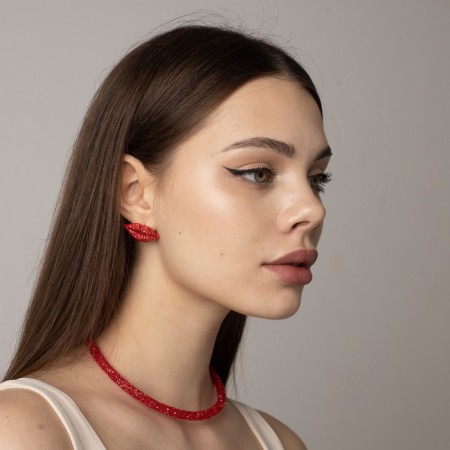 Earrings with rhinestones "Role" lips, red color-4