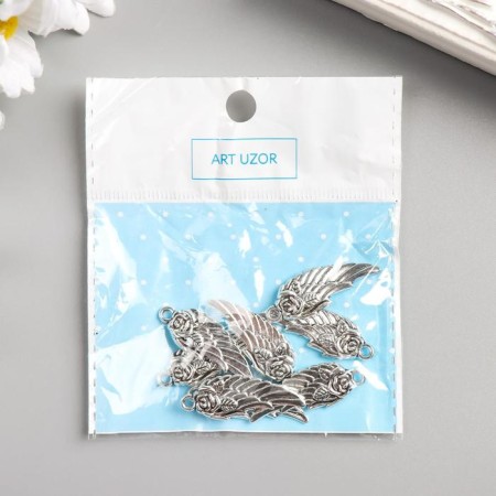 Decor Metal for creativity "Wing with rose" silver (A16767 3x1.1 cm-2