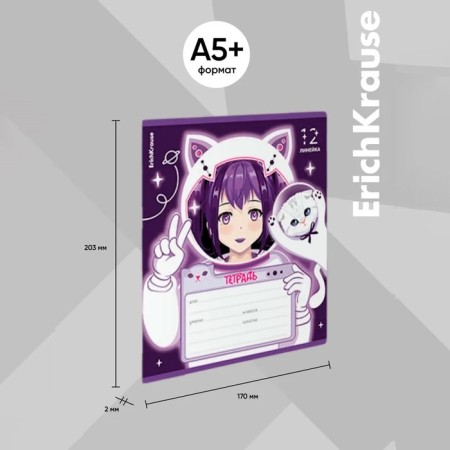 Notebook of 12 sheets in the Erichkrause Space Anime line, covered Cardboard, OFSET block, 5V, mix-3