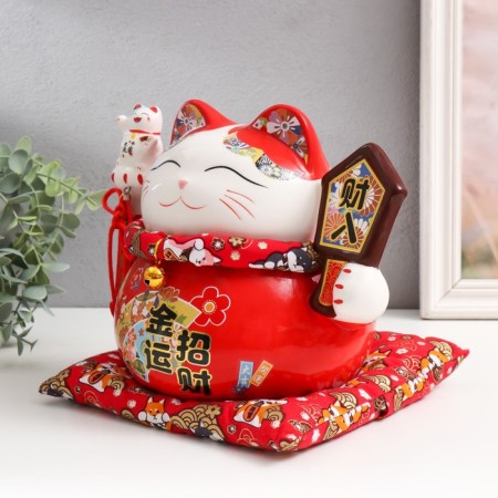 Piggy bank Ceramics "Cat Mani-Neko with wealth tablets" red 15x24x20 cm-3