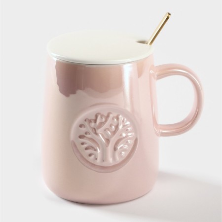Ceramic mug with a spoon "Tree", 380 ml, pink color