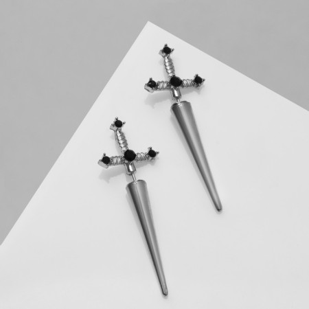 Earrings with rhinestones "Crosses" Gothic, black color in silver-1