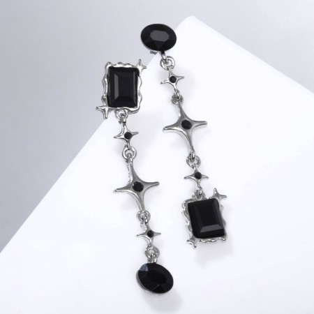 Hanging earrings with rhinestones "constellation" with geometry, black color in silver, 5.5 cm-2
