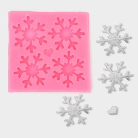 Mold "Four Snowflakes", silicone, 8.5 × 8.5 cm, pink color