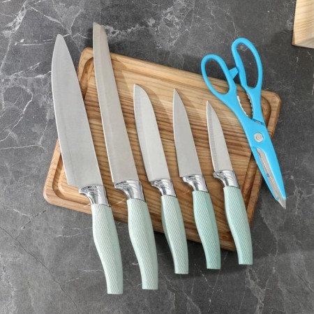 A set of kitchen knives on a stand, 6 objects: 5 knives 8.5 cm, 12 cm, 12 cm, 19.7 cm, 19 cm, scissors, blue color-1