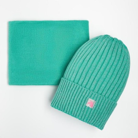 Kit (hat, snood) for a girl, mint color/unicorn, size 48-52-1