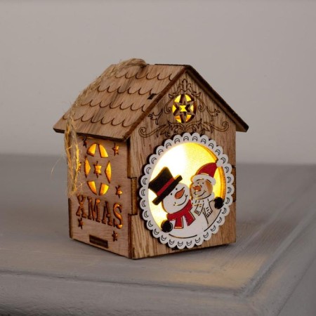 Christmas tree toy "House with snowmen", from batteries, glow of warm white-2