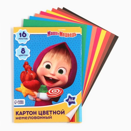 Cardboard color, A4, 16 sheets, 8 colors, non -unilateral, in a folder, 220 g/m², Masha and the bear-1