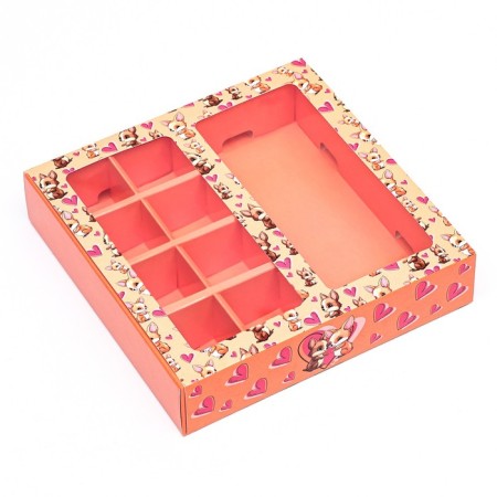 Box for 8 sweets + chocolate, with a window, "chanterelles" 17.7 x 17.85 x 3.85 cm-2